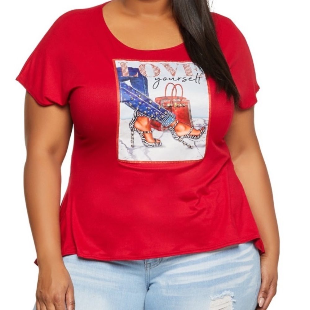 Plus Size Love‎ Yourself Graphic Patch High Low Top
